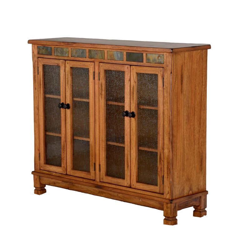 Marv Bookcase Cabinet, 4 Waterfall Glass Doors Slate Inlay Light Brown - Benzara