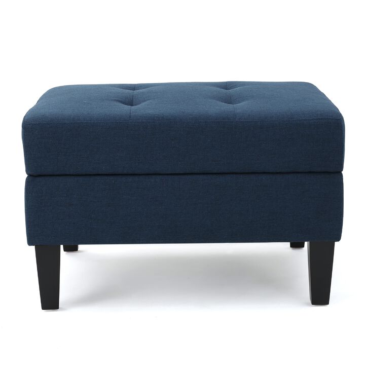 Voil Storage Ottoman, 28 Inch, Navy Blue Fabric, Tapered Wood Legs