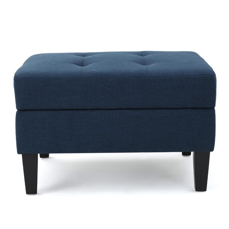 Voil Storage Ottoman, 28 Inch, Navy Blue Fabric, Tapered Wood Legs