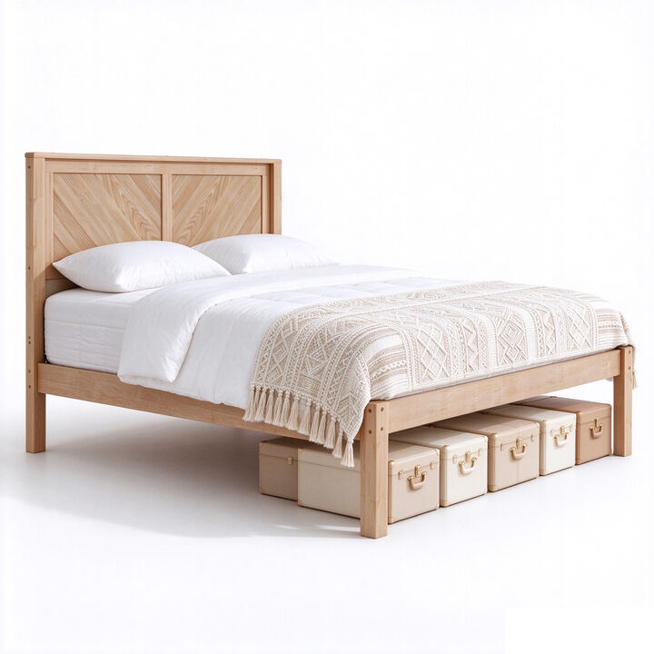 Queen Solid Wood Platform Bed with Herringbone Headboard, Natural Oak Finish, Farmhouse