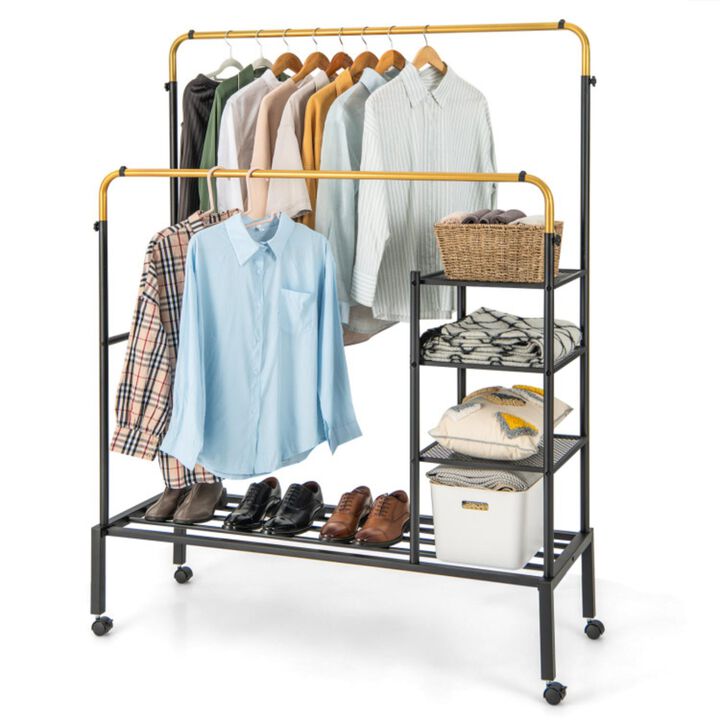 Hivvago Rolling Double Rods Garment Rack with Height Adjustable Hanging Bars