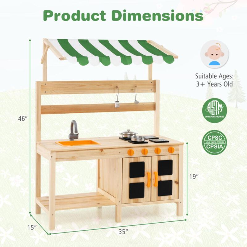 Hivvago Mud Kitchen Fir Wood Play Kitchen with Canopy and Sink and 4 Stoves