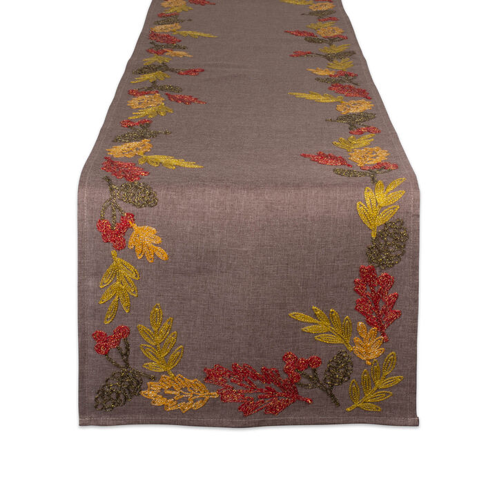 70" Brown and Red Shimmering Leaves Embellished Table Runner