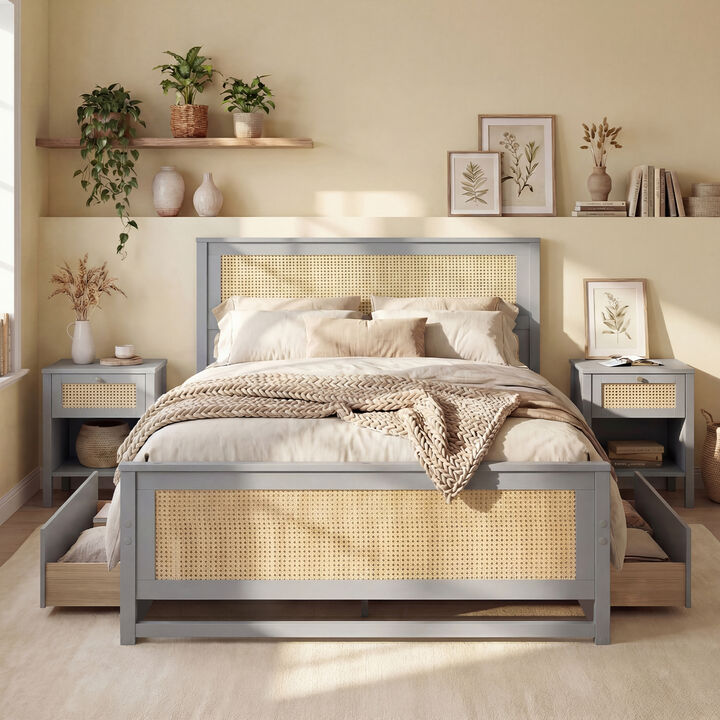 Woven Rattan Bed Frame with Drawer Storage for Modern Bedroom
