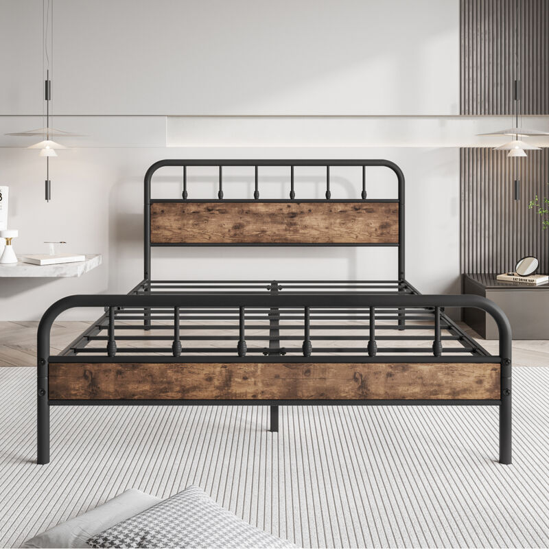 Queen Size Bed Frames with Wood Headboard and Footboard Vintage Brown