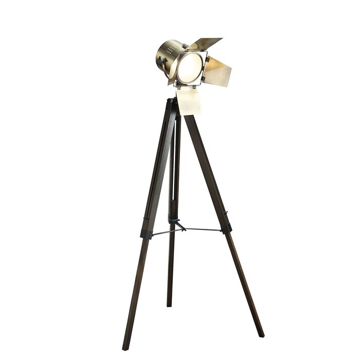 55 Inch Floor Lamp with Tripod Legs, Spotlight Design, Wood, Black Finish-Benzara