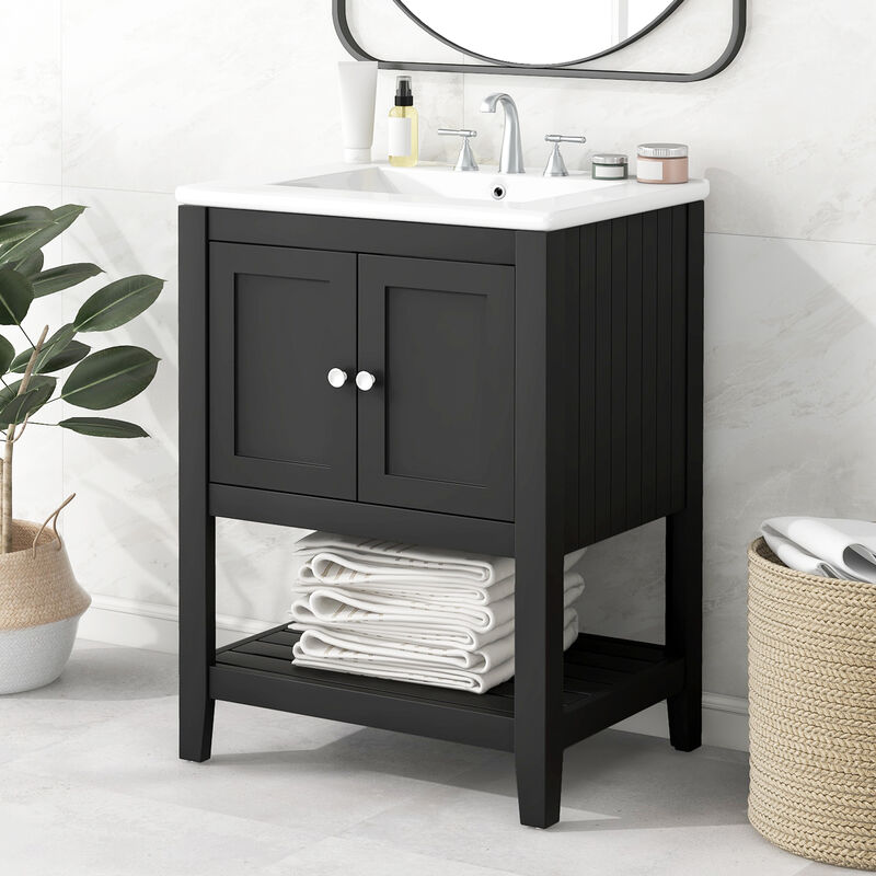 Whisen Modern Sleek Bathroom Vanity with Elegant Ceramic Sink, Solid Wood Frame - Black