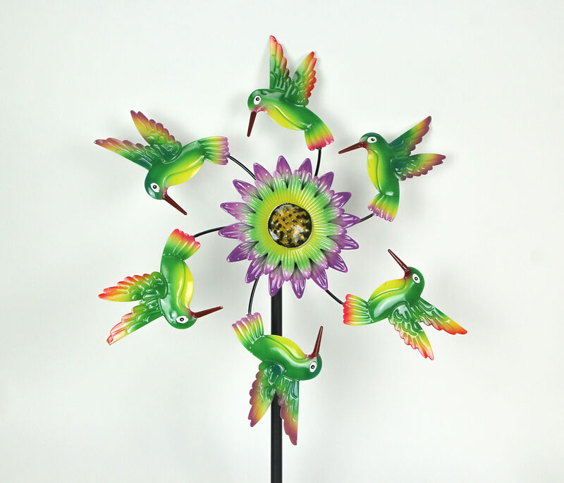 Metal Hummingbirds and Flower Garden Twirler Wind Spinner Stake 70 Inches High image number 1
