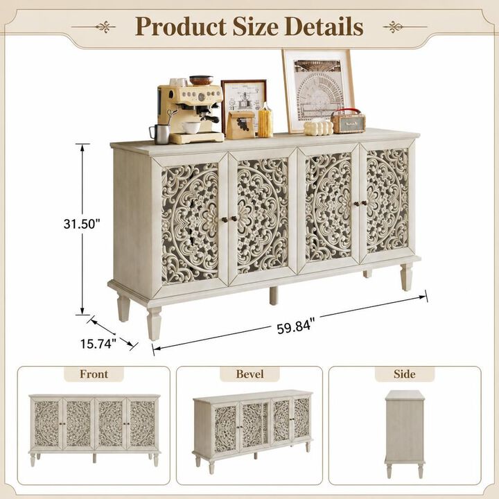GOODSILO 60 Inch Antique Floral Carved Buffet Cabinet, Adjustable Shelves Multi-Functional TV Stand Sideboard Storage for Living Dining Room