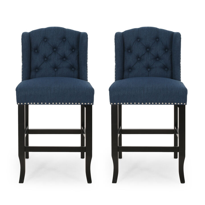 Counter Height Chair Set of 2, Tufted Wingback, Nailhead Trim, Navy Blue