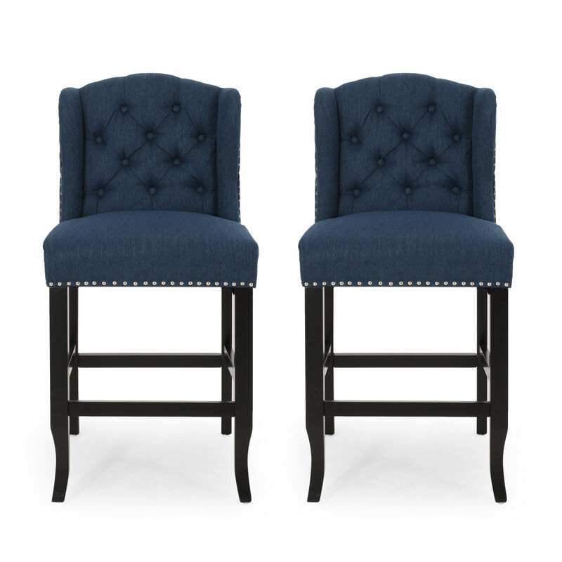 Counter Height Chair Set of 2, Tufted Wingback, Nailhead Trim, Navy Blue