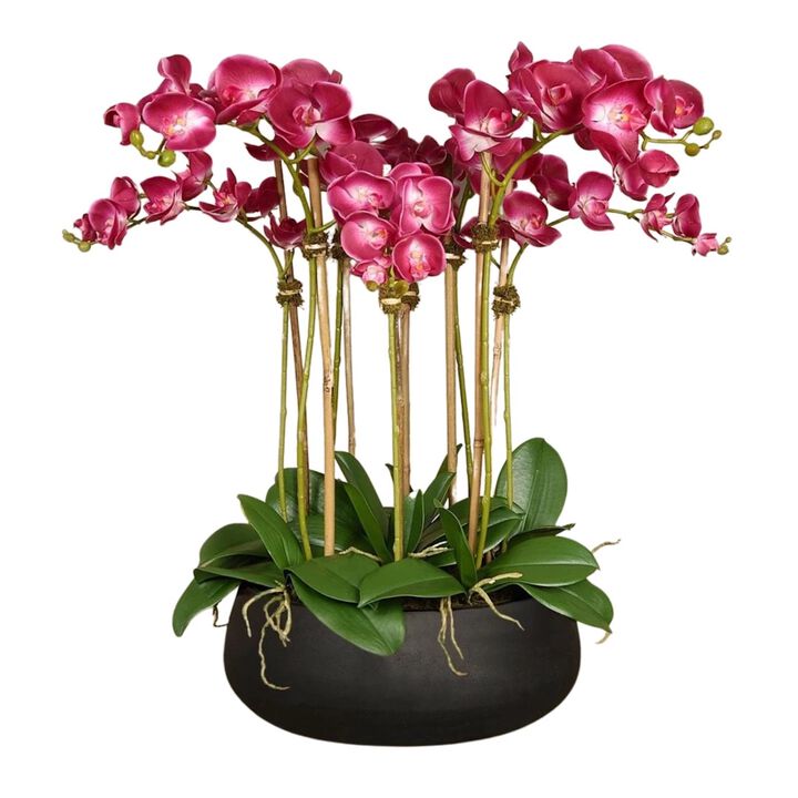 Faux White Orchid Arrangement In Matte Black Planter - 28”