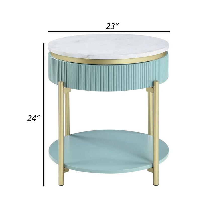 Ville 23 Inch Round Side End Table, White Faux Marble Top, Teal Reeded Edge - Benzara