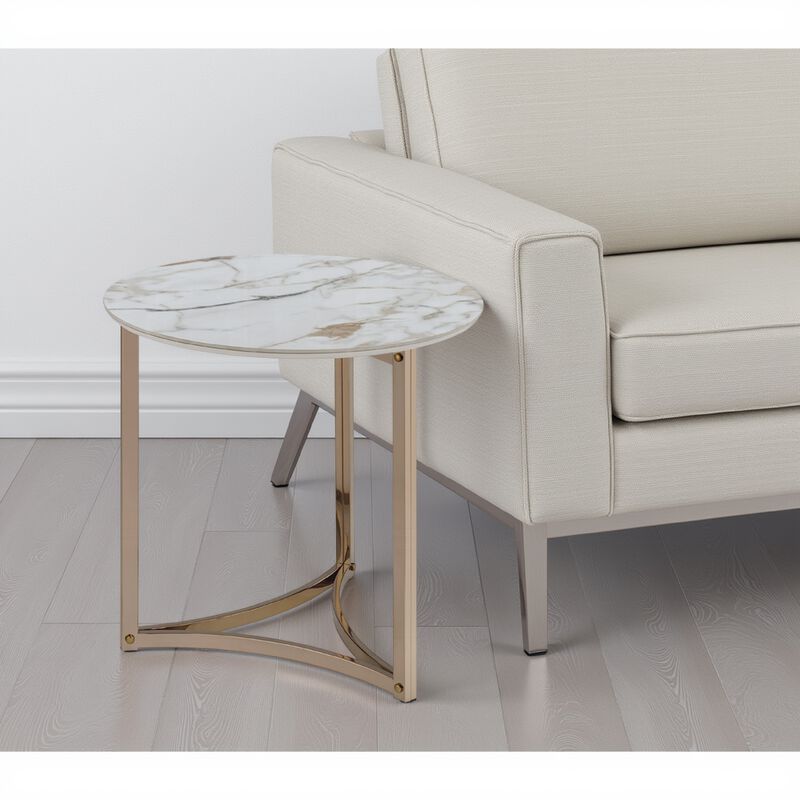 Acor Side End Table, 24 Inch, Round Sintered Stone Top, White and Gold image number 5