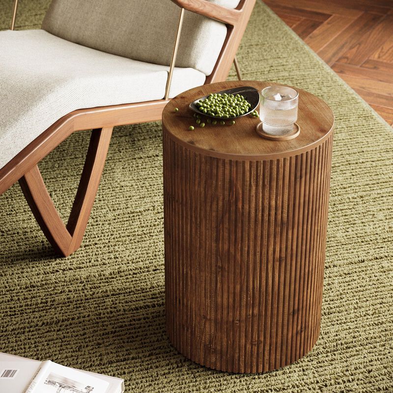 Fluted Solid Wood Round End Table, Side Table with Storage & 4 Wheels-Walnut image number 5
