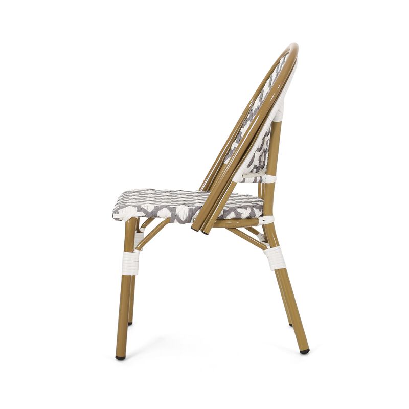 Bo Outdoor Bistro Chair Set of 2, Gray White Faux Rattan, Brown Metal