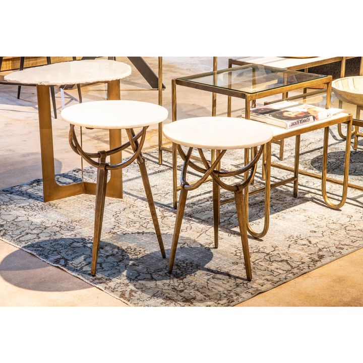 World Interiors Odessa 16" Side Table with White Marble and Antique Brass Base, Set of 2