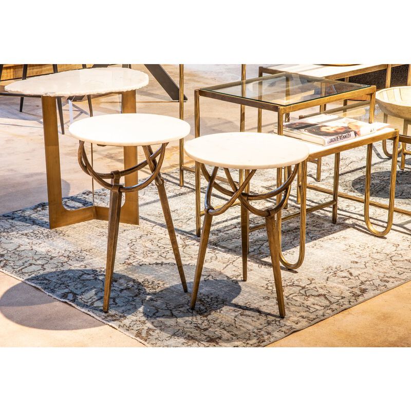 World Interiors Odessa 16" Side Table with White Marble and Antique Brass Base, Set of 2 image number 1