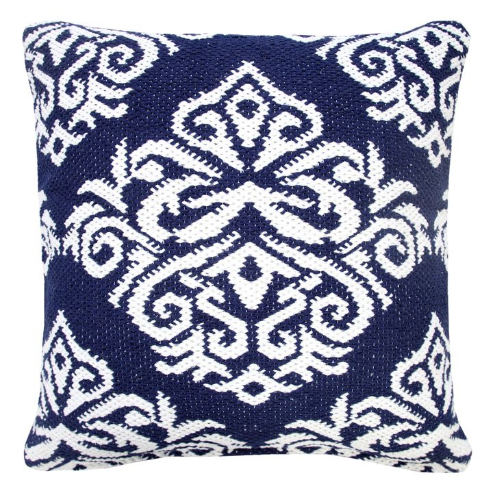 20" Blue and White Damask Pattern Square Throw Pillow