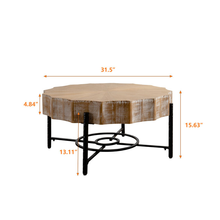 31.5 "Vintage Patchwork Lace Shape Coffee Table with Natural Pine Grain Table Top and Dimpled Metal Cross Legs, Cedar Coffee Table Set (Set of 2)