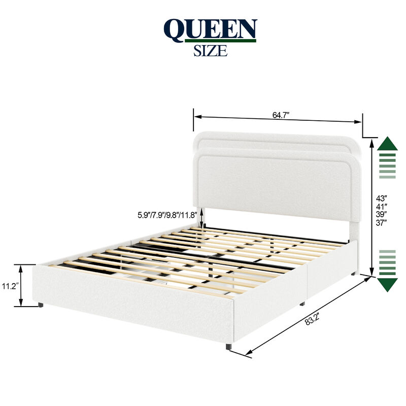 Lez Queen Size Platform Bed with 2 Storage Drawers, Ivory Boucle Upholstery image number 5