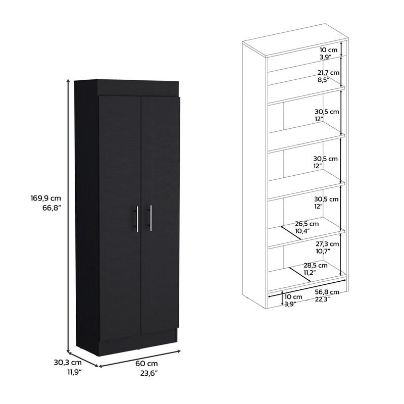Pantry Cabinet 67" H, 5 Internal Shelves, Two Doors, Black