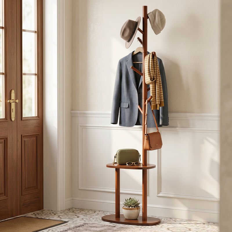 Wall Coat Rack with 8 Hooks and 2 Storage Shelves Organizer image number 1