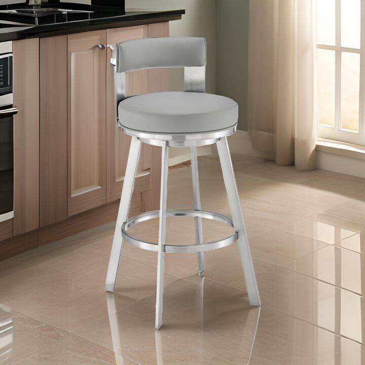 Ami 30 Inch Swivel Barstool Chair, Light Gray Faux Leather, Steel