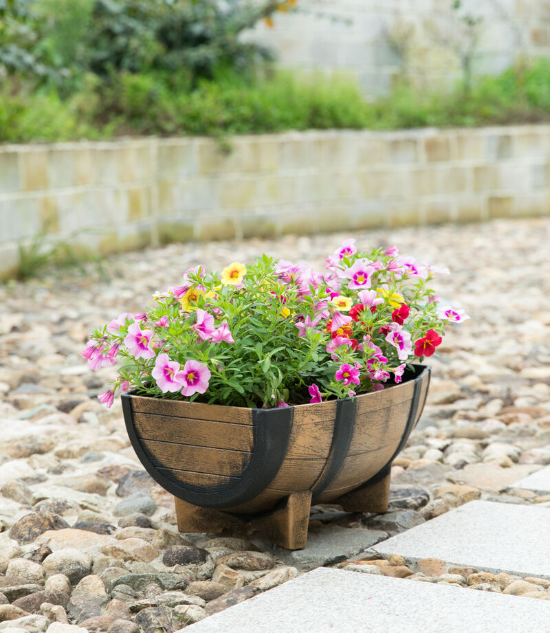 Rustic Wood- Look Plastic Half Barrel Flower Pot Garden Planter, Pack of 2