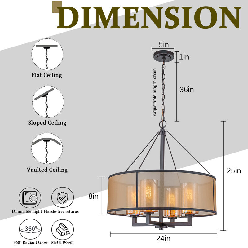 24-Inch 4-Light Oil Rubbed Bronze Transisional Chandelier with Beige Drum Shade and Mercury Glass Dimmable for Dining Room or Foyer image number 6