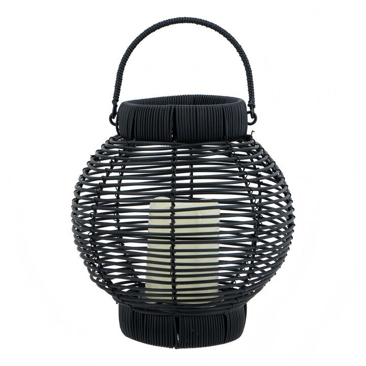 Clihome 8.7x8.7x9.8" Black Poly Rattan Lantern With White LED Candle