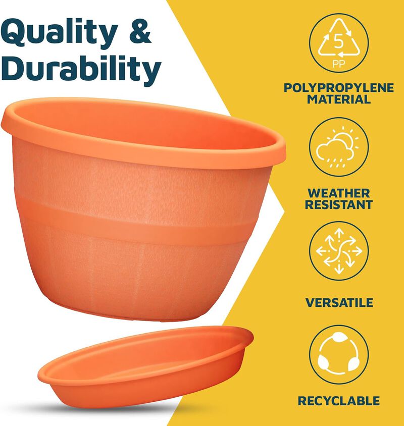 10-Inch Whiskey Barrel Planters Outdoor Pack of 5 - Durable Plastic Plant Pots for Indoor & Outdoor Use with Drainage & Saucer, Lightweight Rustic Barrel Planters for Flowers, Herbs & Small Plants image number 4