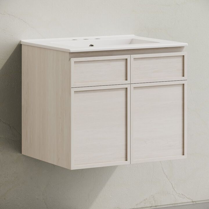 24" Wall-Mounted Bathroom Vanity in White Oak with 3-Hole Centerset Sink Top