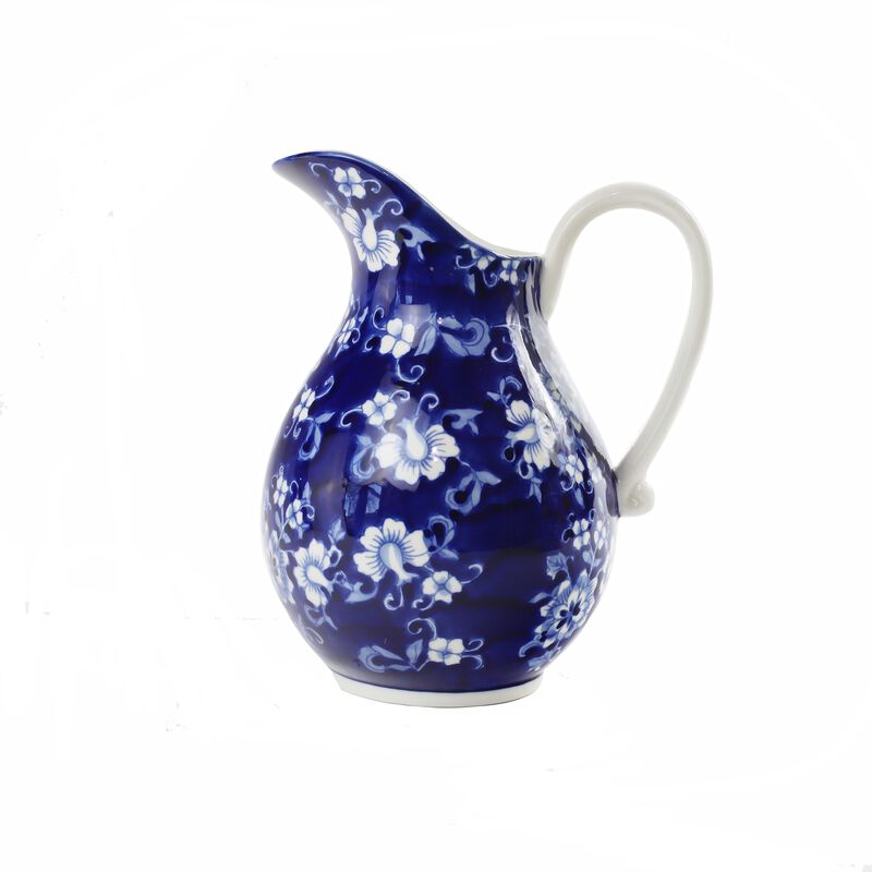 Blue Garden Stoneware Pitcher &mdash; Blue and White Floral Water / Juice / Sangria Server
