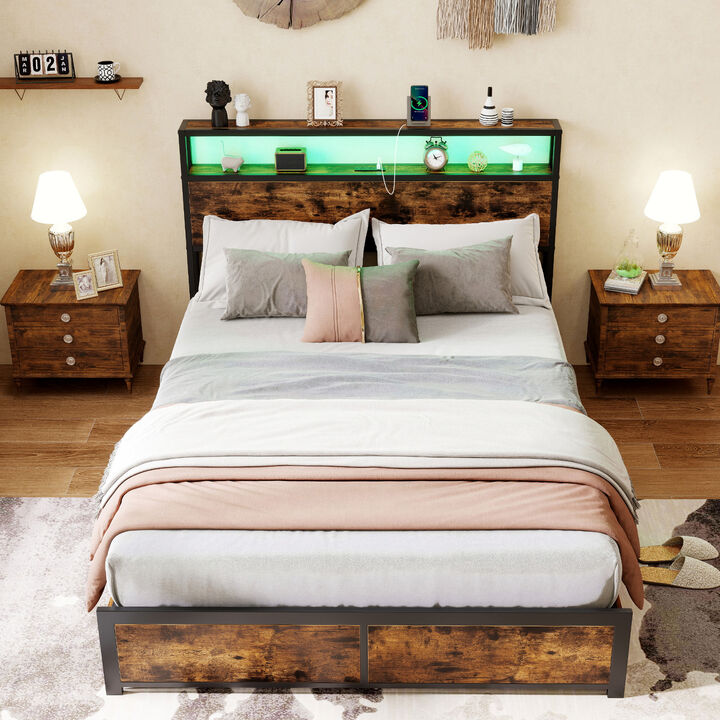 Bed Frame with LED Lights, Charging Station and 4 Drawers