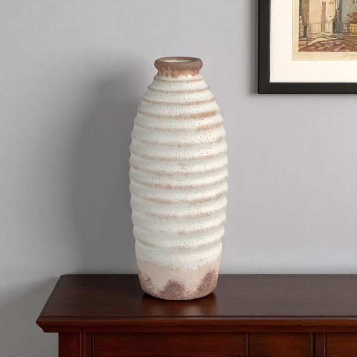 HomeRoots 11" Ivory And Brown Round Ceramic Table Vase