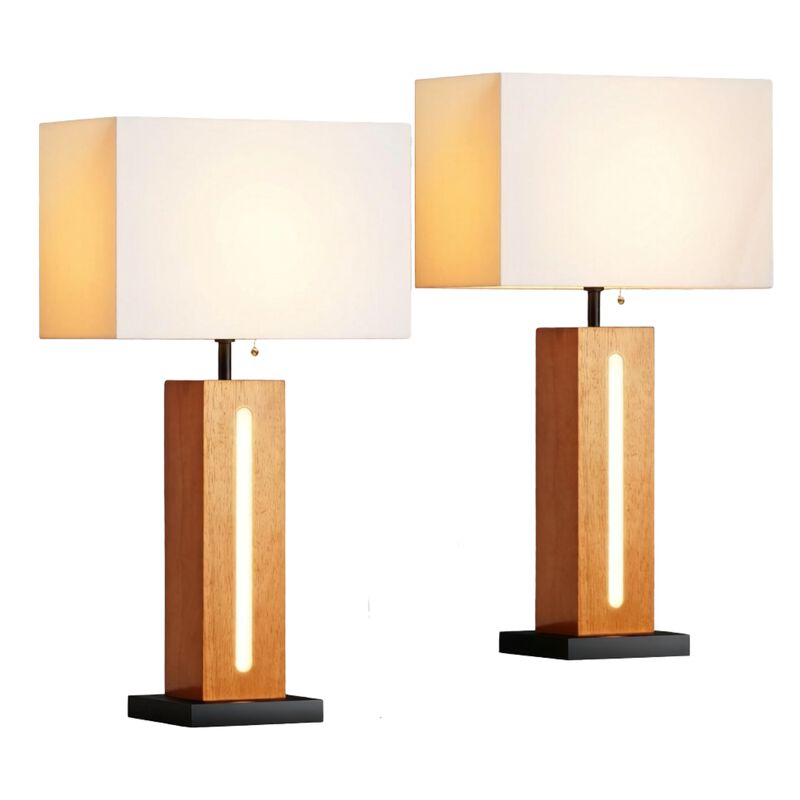 ELEMENT ACE Set of 2 Modern Dimmable Bedside Table Lamps with LED Nightlight, Rustic Farmhouse Nightstand Lamps with Linen Shades for Bedroom Living Room End Table image number 0