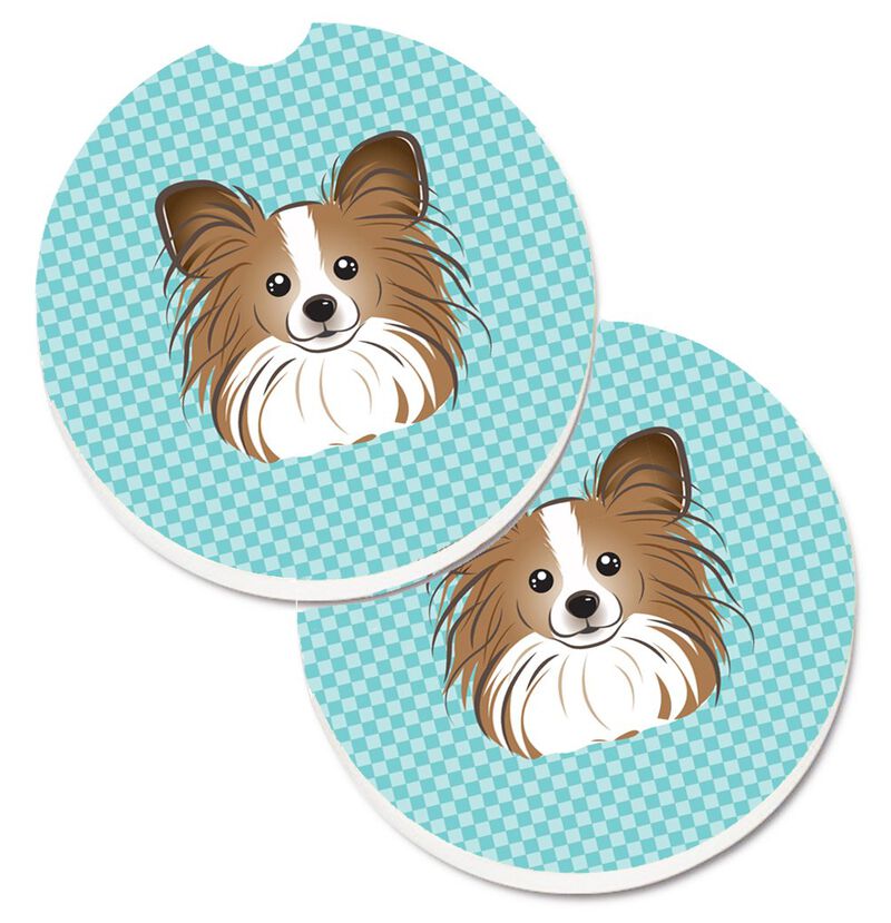 Caroline's Treasures Checkerboard Blue Papillon Set of 2 Cup Holder Car Coasters BB1186CARC, 2.56, Multicolor