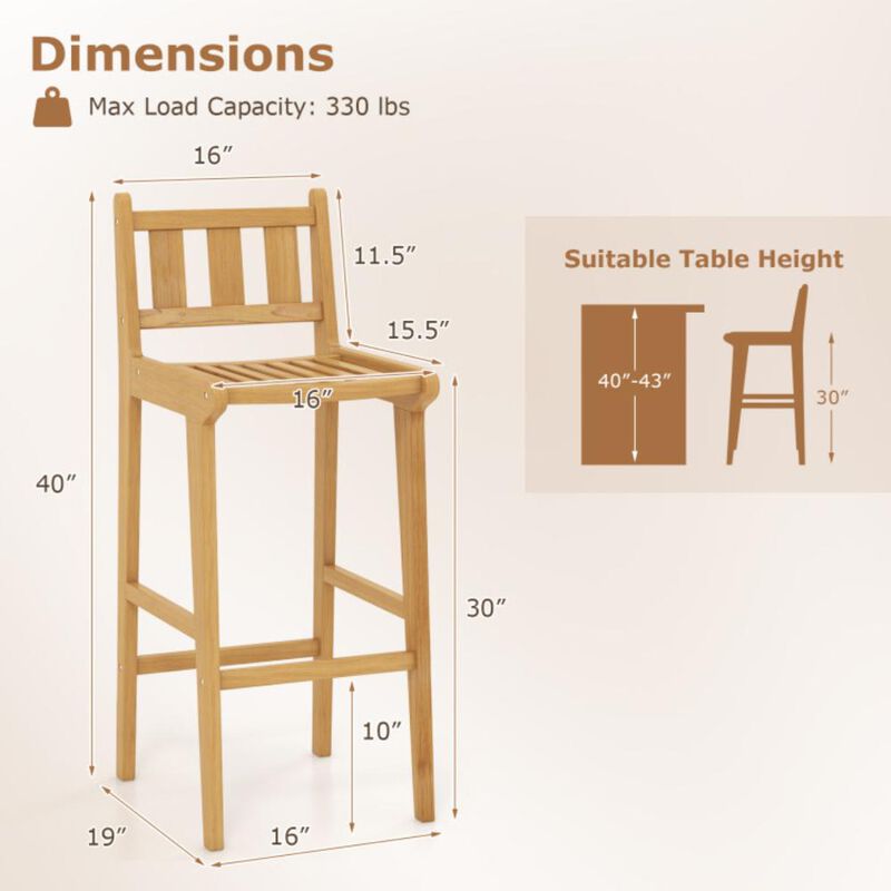 Hivvago 30 Inch Teak Wood Bar Chair with Footrest and Backrest for Deck Poolside Garden