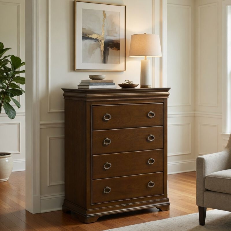 Gravis Tall Dresser Chest with 4 Drawers, Crown Moldings, Cherry Brown image number 8