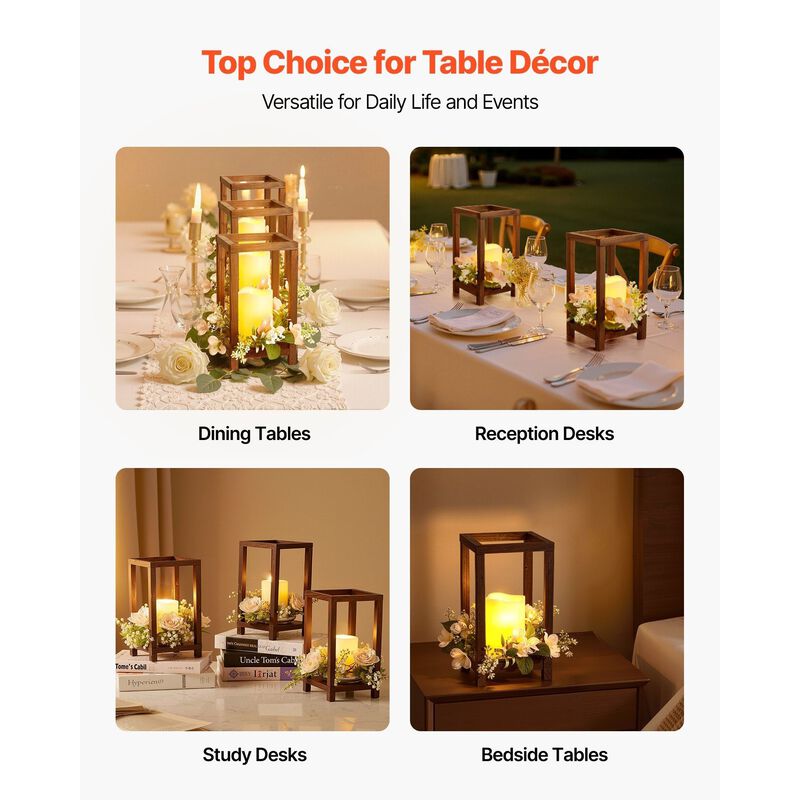 10 Set Wooden Wedding Lantern Centerpieces with Flameless LED Candles and Champagne Flower Wreaths image number 5