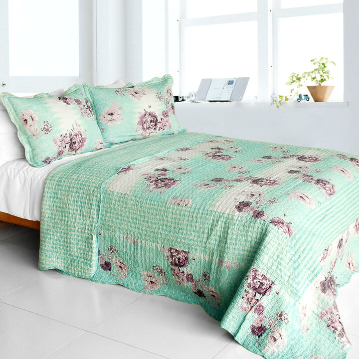 Queen Size Cotton 3-Piece Floral Printed Quilt Set with Vermicelli Quilted Design