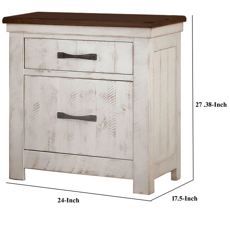 Nightstand with Plank Design 2 Drawers and USB Plugs, White and Brown-Benzara