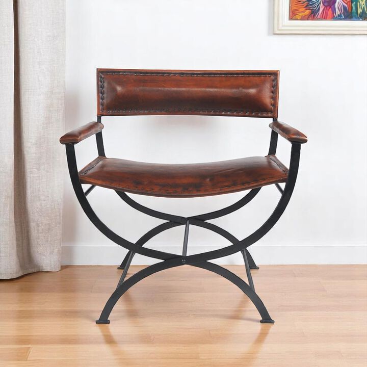 HomeRoots 29" Brown and Black Metal And Genuine Leather Director's Chair