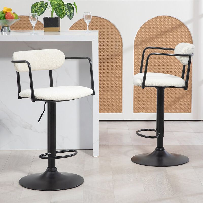 Glamour Home Beige Boucle Fabric Adjustable Swivel Bar Stool Black Iron Arms and Pedestal Leg