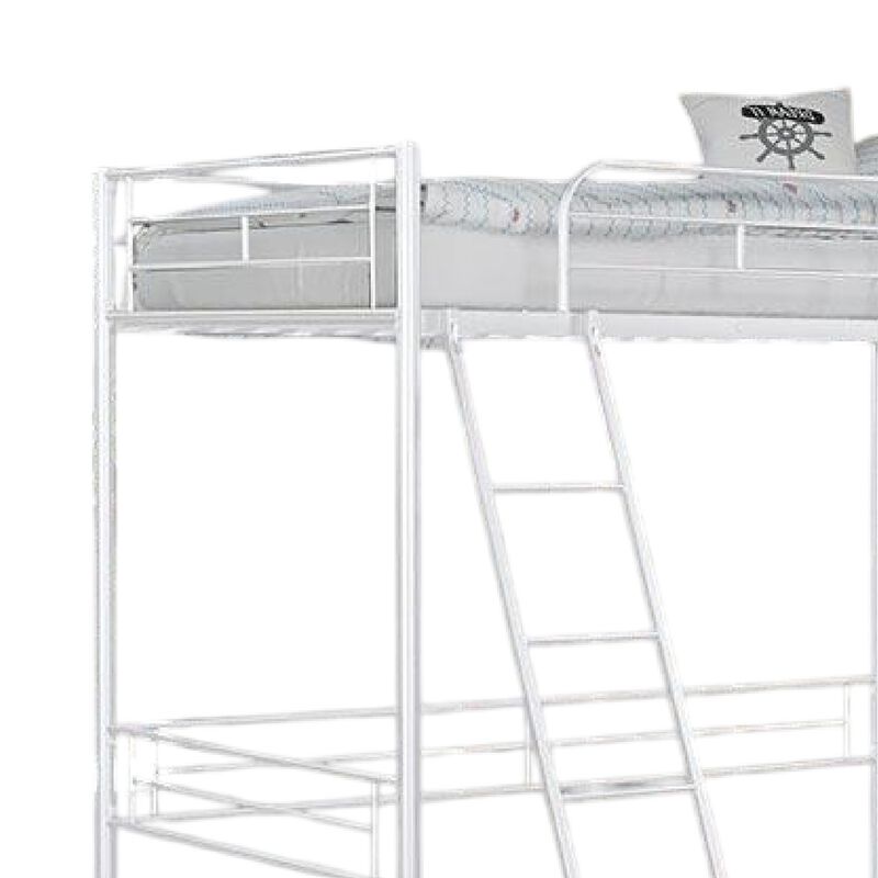 Mylz Twin Loft Bed, 61 Inch, White Metal Frame, Attached Angled Ladder