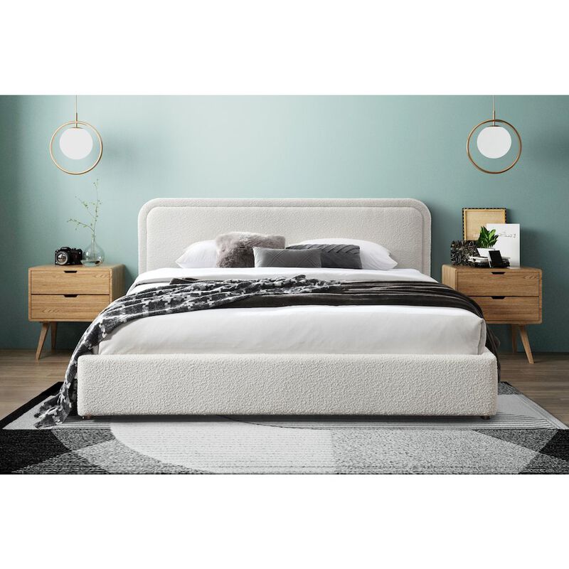 Omax Decor Upholstered Platform King Bed in White Boucle Fabric