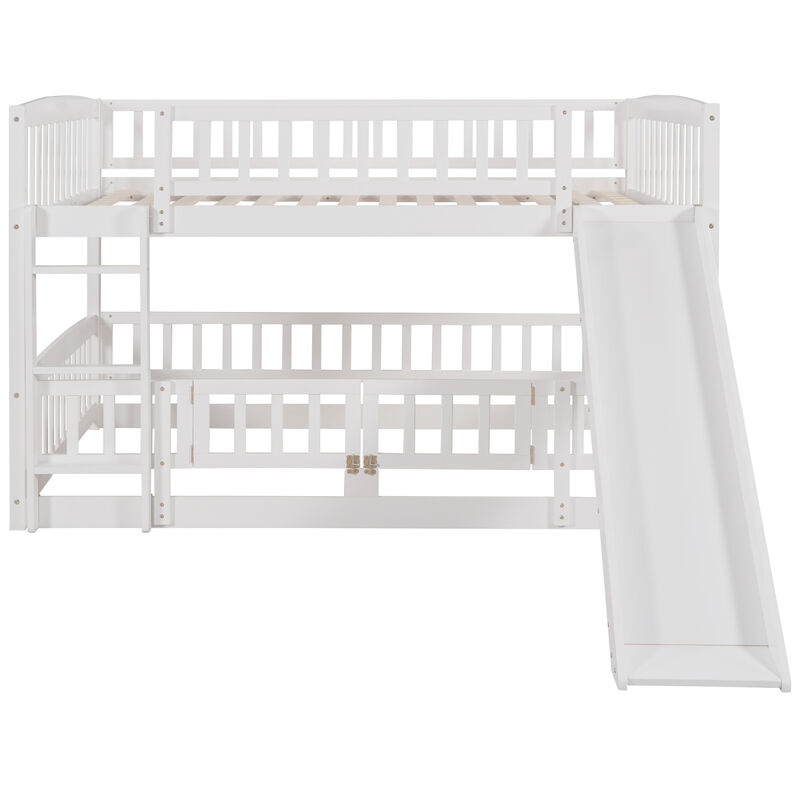 Bunk Bed with Slide, Full Over Full Low Bunk Bed with Fence and Ladder for Toddler Kids Teens White