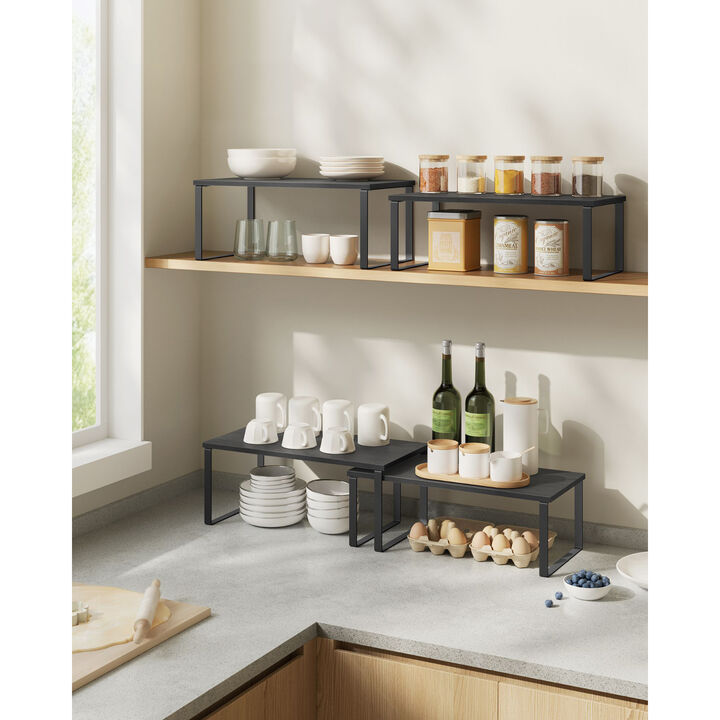 Set of 2 Cabinet Shelf Organizers Stackable, Expandable Metal and Bamboo Kitchen Counter Shelves