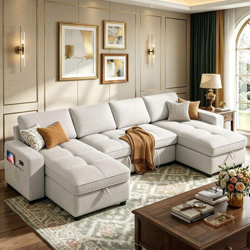 105" U-Shaped Sleeper Sofa Bed, Chenille Pull Out Couch with Reversible Storage Chaise, 5-Position image number 8